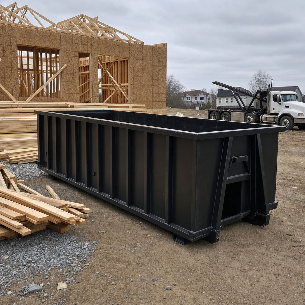Matte-black 40-yard roll-off dumpster staged on a framed-out residential construction site in Corona Delmar, framing lumber stacked nearby, hooklift delivery truck visible in the background under bright Colorado daylight