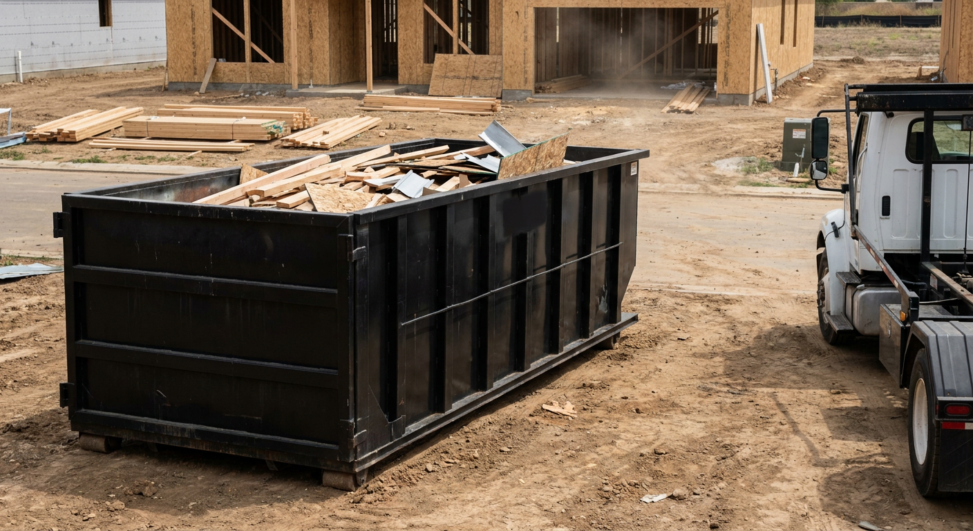 Matte-black 20-yard roll-off construction dumpster with heavy ribbed steel sidewalls and swing rear doors at a working jobsite in Corona Delmar, sitting directly on compacted dirt with an unmarked white hauler partially visible at the far edge of the frame.