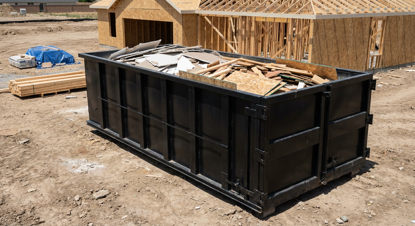 Matte-black 30-yard roll-off construction dumpster sitting directly on the compacted-dirt site of a framed single-family home build in Corona Delmar, drywall and lumber scrap loaded inside.