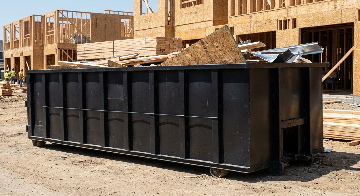 Matte-black 40-yard roll-off construction dumpster being lowered from a white-cab hooklift delivery truck onto the compacted-dirt jobsite at a commercial build site in Corona Delmar