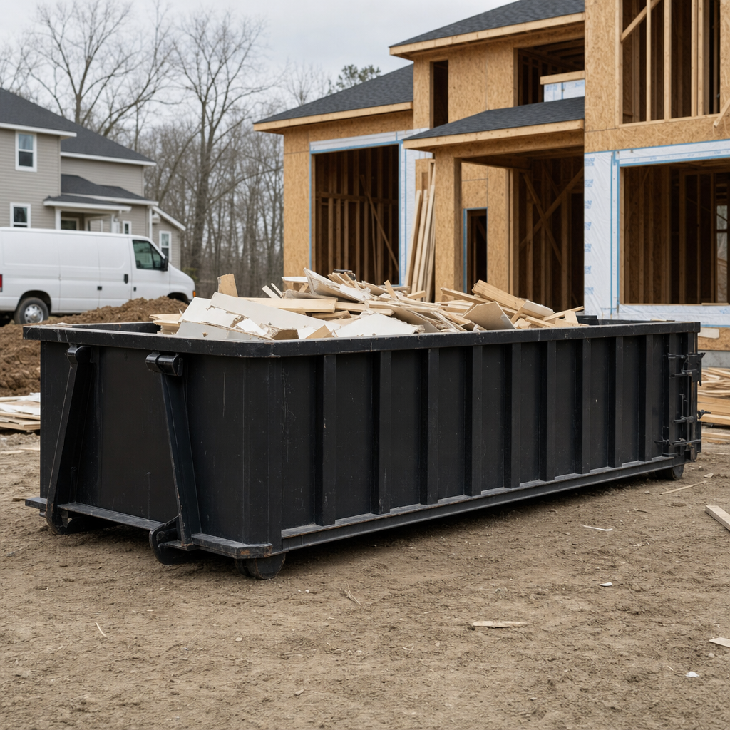 Worker in a yellow high-visibility vest tossing framing lumber and broken drywall into a matte-black 30-yard construction roll-off dumpster on an active build site in Corona Delmar, bright daylight