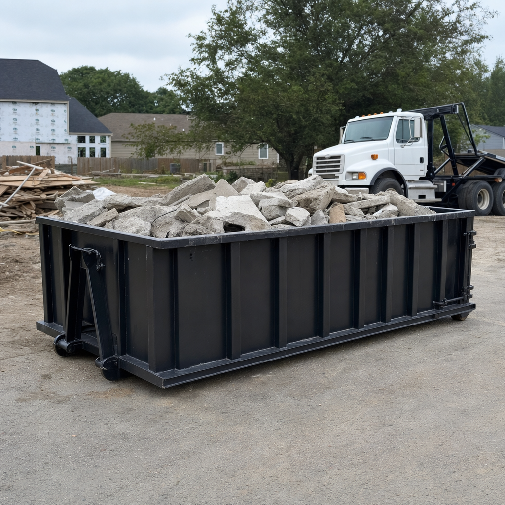 Low-profile matte-black lowboy roll-off dumpster loaded with broken concrete slab and rebar at a foundation tear-out in Corona Delmar, skid steer parked beside it, sunny Colorado morning