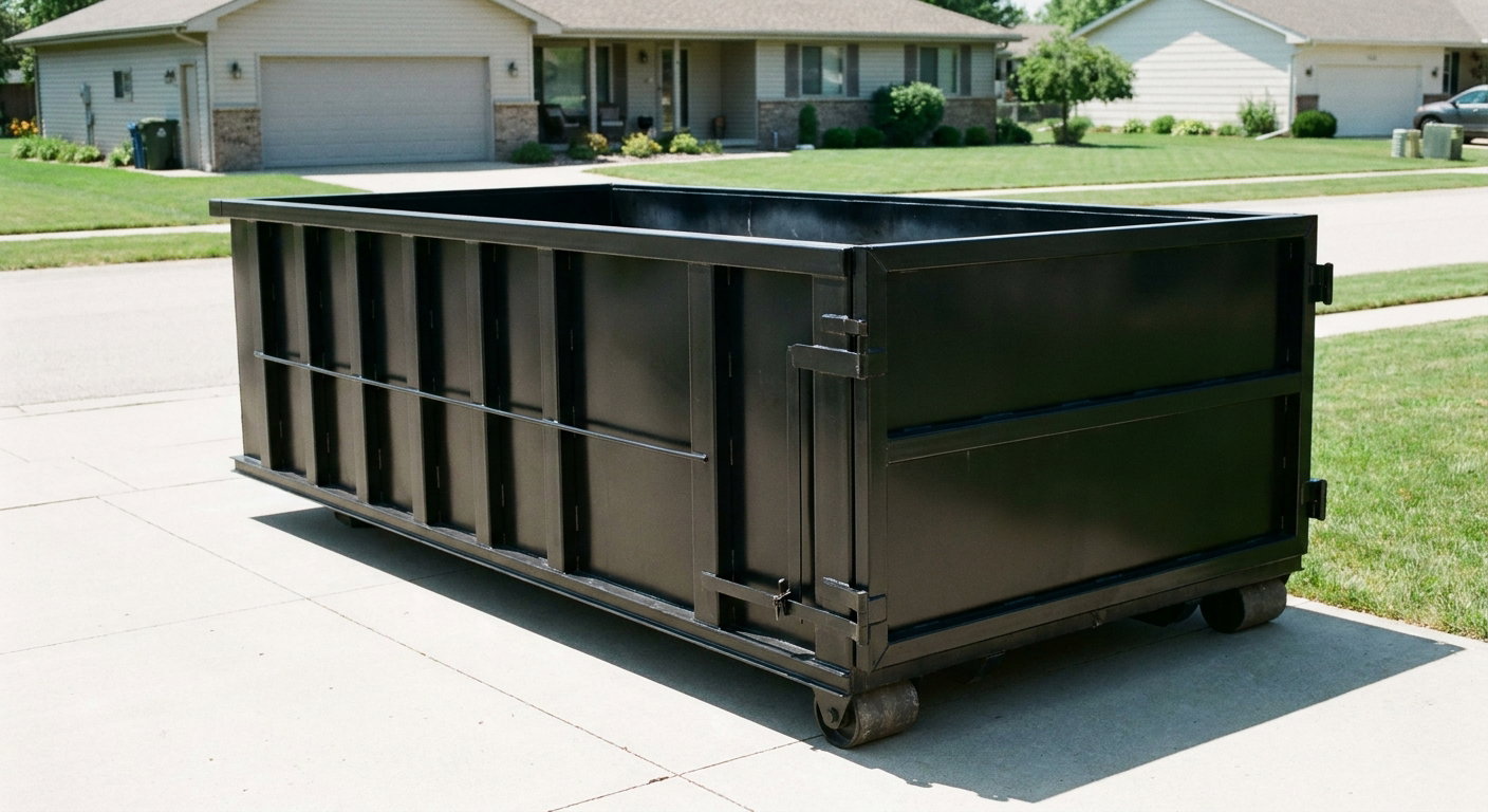 Matte-black 10-yard roll-off dumpster on a residential concrete driveway in Corona Delmar, uniformly painted matte black across every panel and rail, ribbed steel sidewalls and rear swing door visible, mid-day daylight.