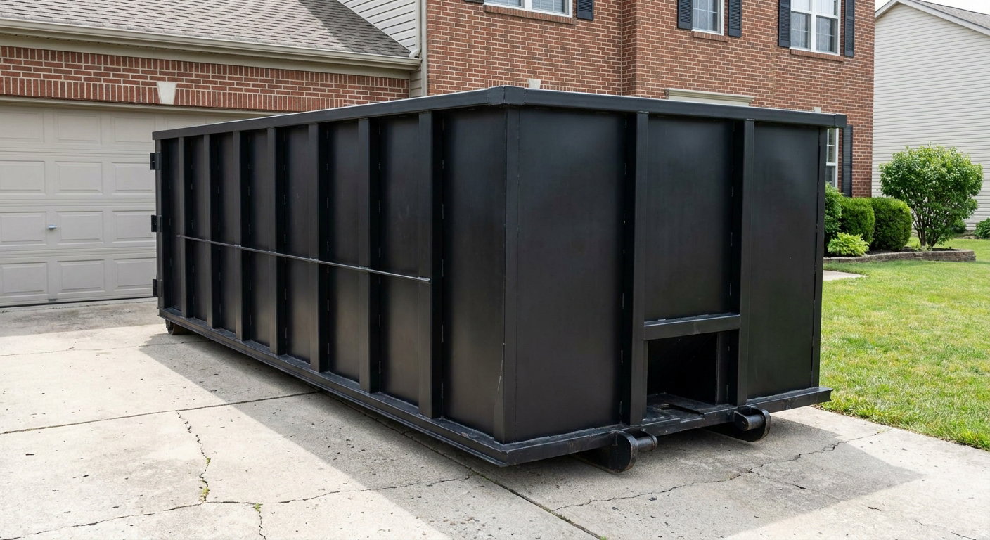 Matte-black 20-yard roll-off container on a Corona Delmar residential concrete driveway with reinforced ribbed steel sidewalls and a hinged rear walk-in door, clean bright daylight.