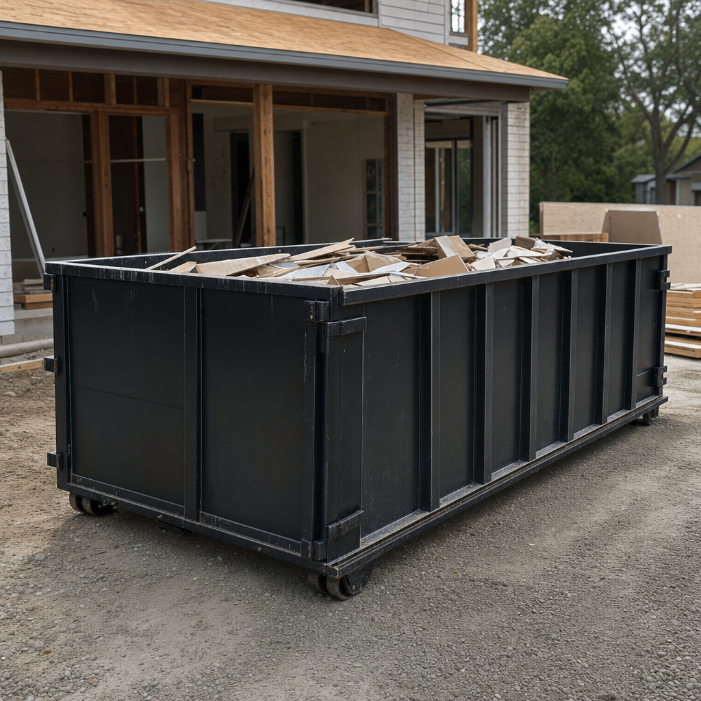 Large matte-black 30-yard construction roll-off dumpster at an active Corona Delmar jobsite, steel-gray top rails and bottom rollers visible, loaded with construction debris.