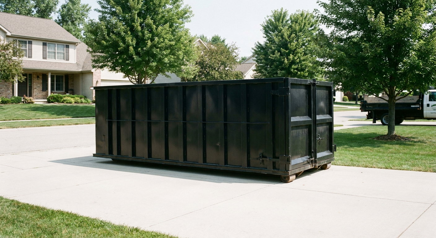 Matte-black 20-yard roll-off dumpster sitting level on a clean Corona Delmar residential concrete driveway under bright daylight, demonstrating clean placement directly on the concrete.