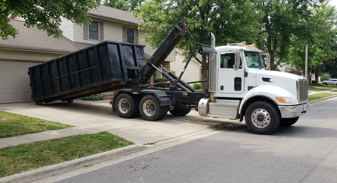 White-cab hooklift roll-off truck actively lowering a matte-black dumpster onto a Corona Delmar residential concrete driveway, the dumpster's rear wheels touching the driveway as the hoist arm tilts the bed forward, mid-morning daylight.