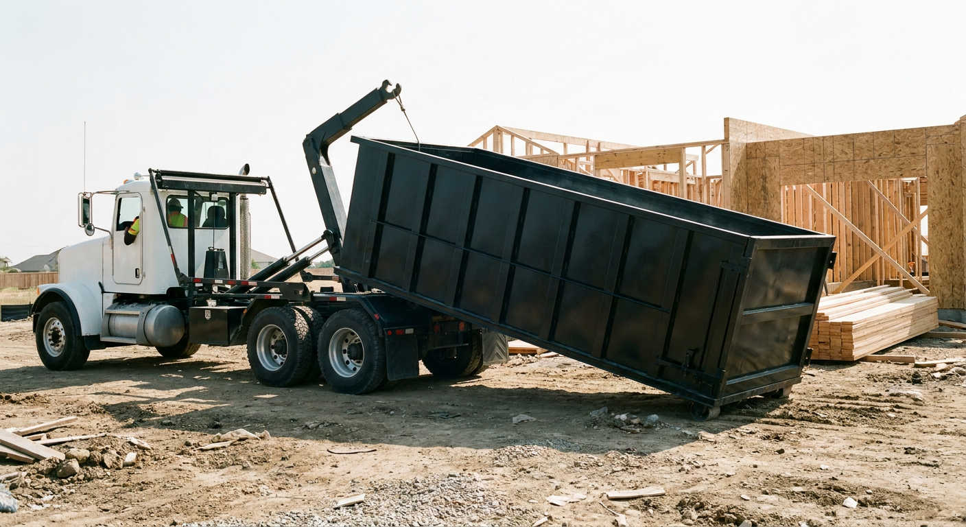 Matte-black roll-off dumpster being delivered onto a clean residential concrete driveway in Corona Delmar by an unmarked white hooklift hauler truck, bright morning daylight, documentary 35mm perspective.