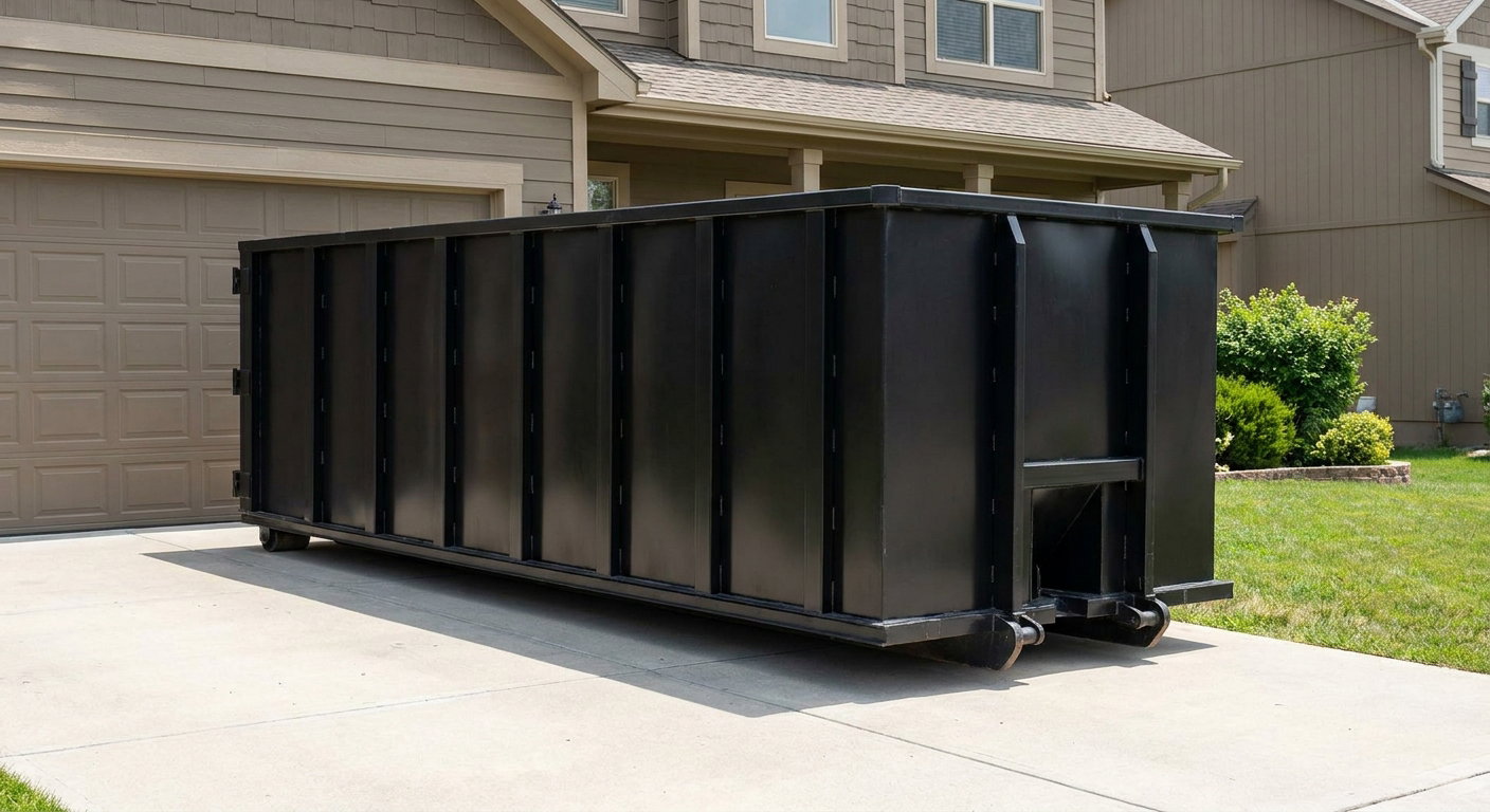 Matte-black residential roll-off dumpster sitting directly on a suburban Corona Delmar concrete driveway, garage door closed, single-family home in background, bright morning daylight.
