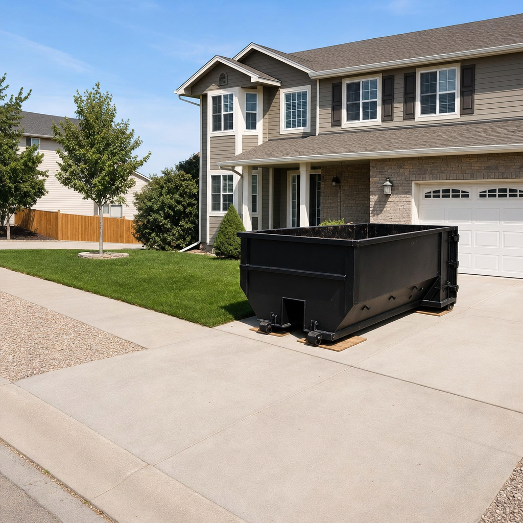 10-yard matte-black residential dumpster placed directly on a narrow Corona Delmar concrete driveway, room remains for a parked sedan beside it, mid-morning natural light