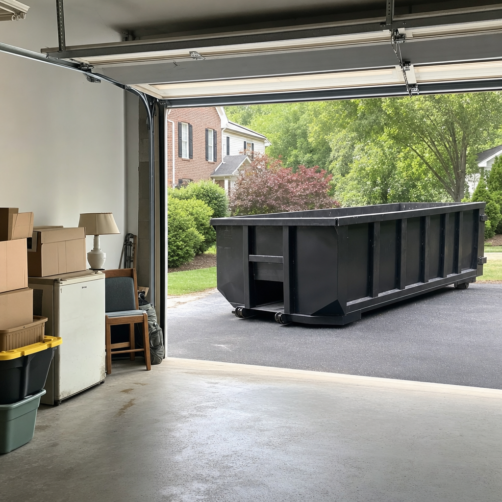 Open garage interior in a Corona Delmar home mid-cleanout — boxed items, an old appliance, and stacked yard tools queued near the driveway for a matte-black roll-off dumpster, organized and calm