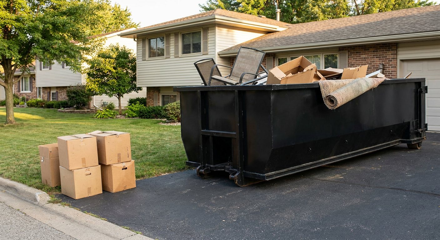 Front-yard view of a Corona Delmar split-level home with a 20-yard matte-black roll-off dumpster sitting directly on the asphalt driveway, a few clearly labeled donation boxes staged at the curb, calm sunny afternoon.