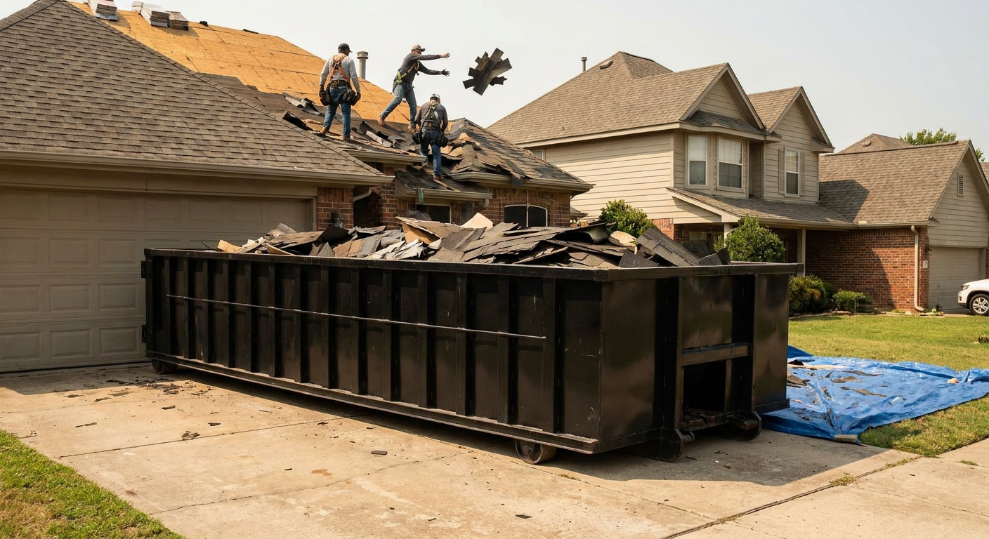 Matte-black roofing roll-off dumpster placed directly on a Corona Delmar residential concrete driveway, a tear-off crew on a two-story asphalt-shingle roof tossing shingle bundles into the low-walled container, bright daylight, documentary 35mm perspective.