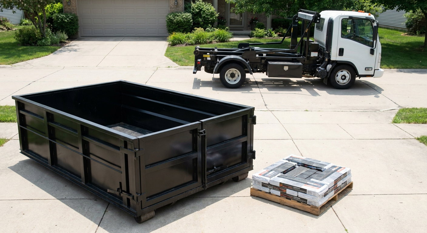 Matte-black 15-yard roofing roll-off dumpster with reinforced low side walls sitting directly on a Corona Delmar residential concrete driveway, three-tab asphalt shingle bundles stacked nearby, an unmarked white hauler truck partially visible at the edge of the frame.
