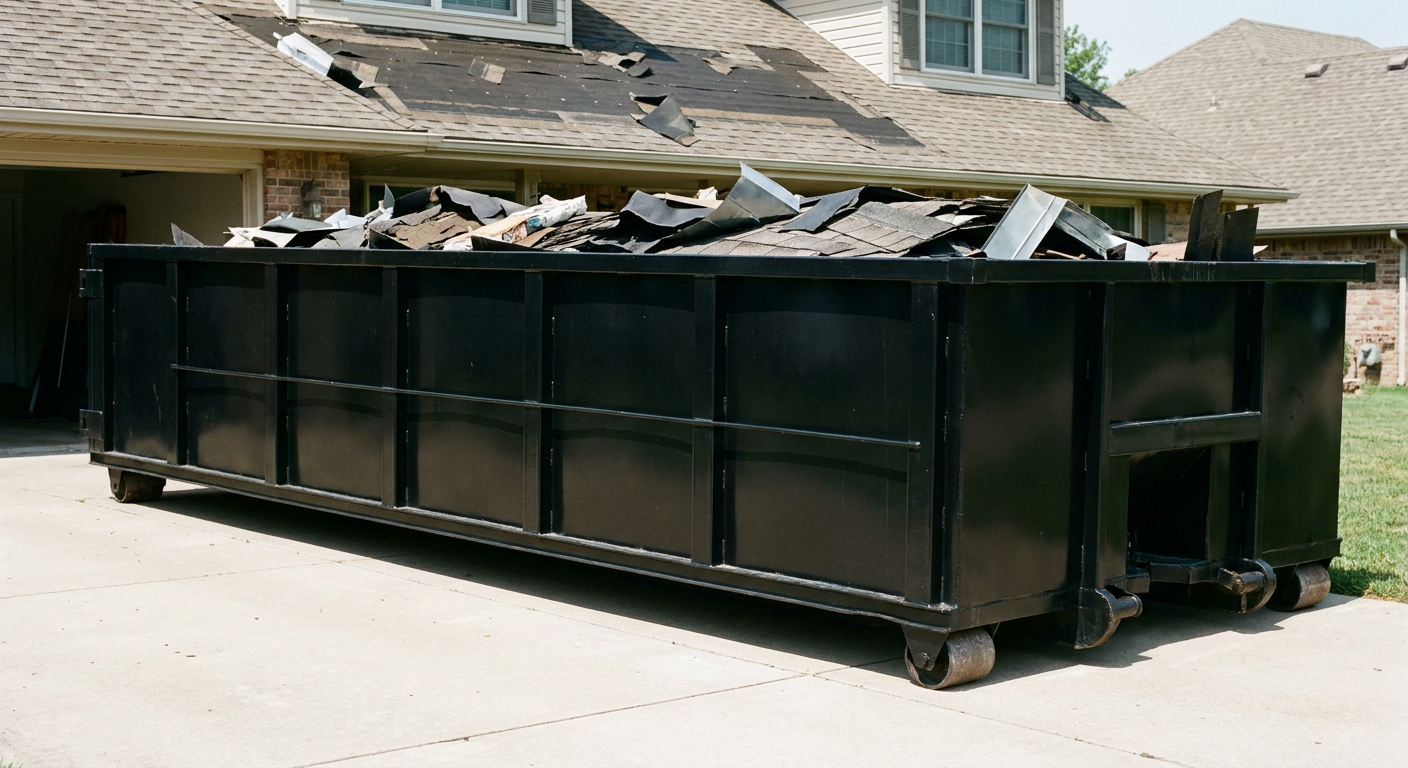 Matte-black 20-yard roofing roll-off dumpster with steel ribbed sides and swinging rear door, sitting directly on the concrete driveway of a two-story Corona Delmar home, asphalt shingle debris being loaded over the low wall, clean documentary lighting.