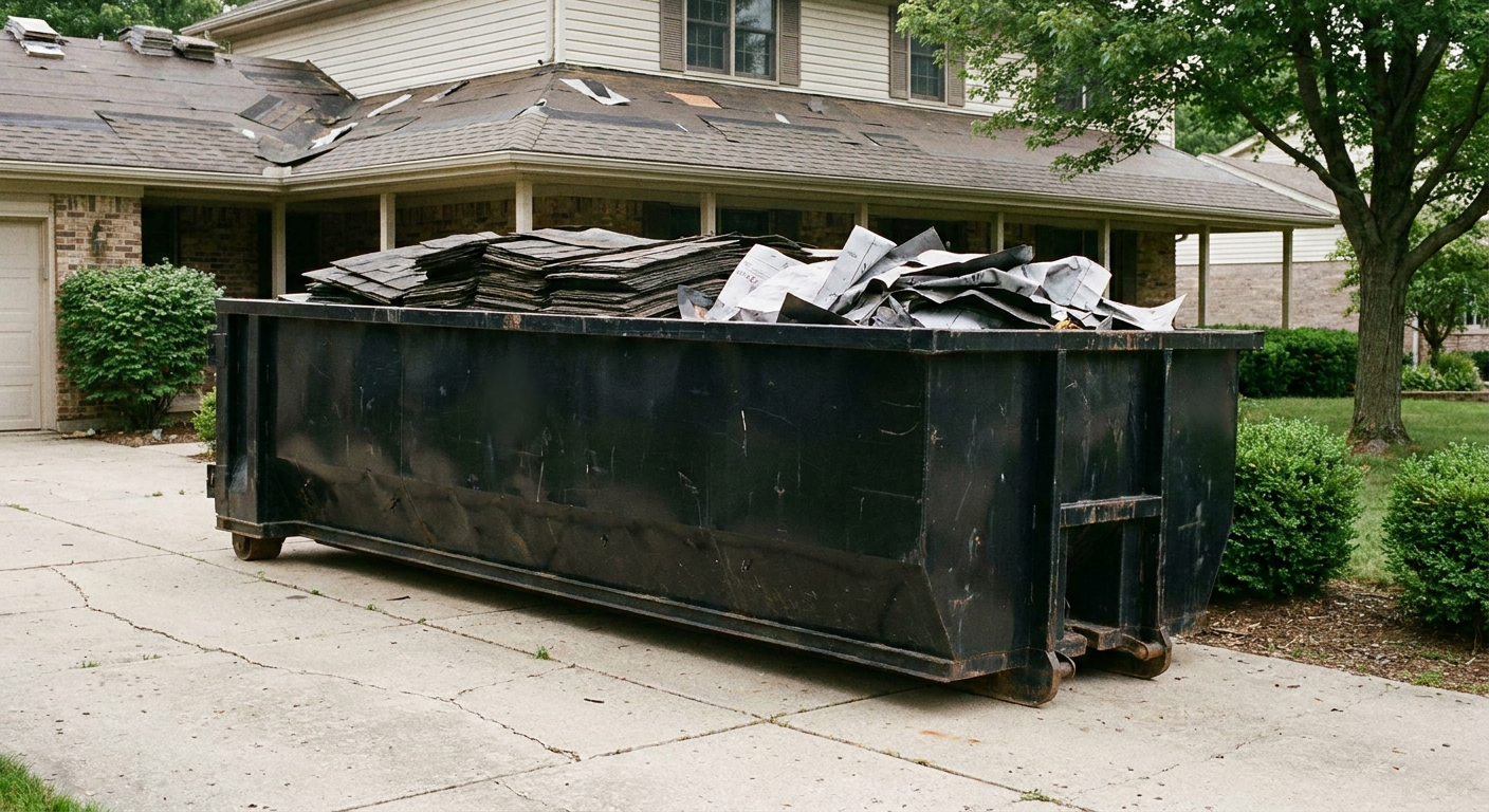 Matte-black 30-yard roofing roll-off dumpster sitting directly on a Corona Delmar concrete driveway, taller ribbed steel side panels, mixed tear-off debris of asphalt shingles and underlayment inside, professional documentary daylight.