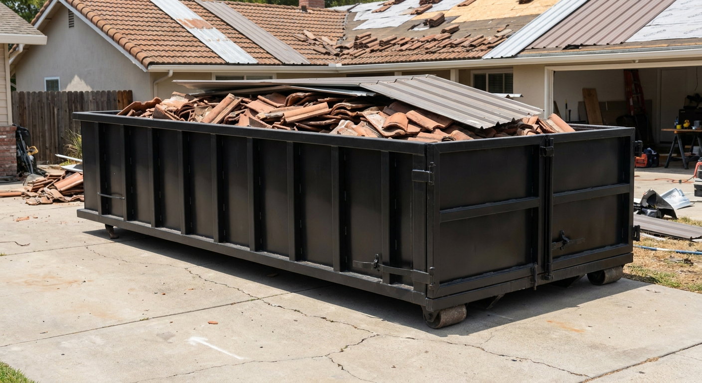 Matte-black low-wall heavy-debris roofing roll-off dumpster sitting directly on a Corona Delmar concrete driveway, broken concrete clay roof tiles and metal panel sections loaded inside, reinforced ribbed steel side walls visible, bright outdoor daylight.