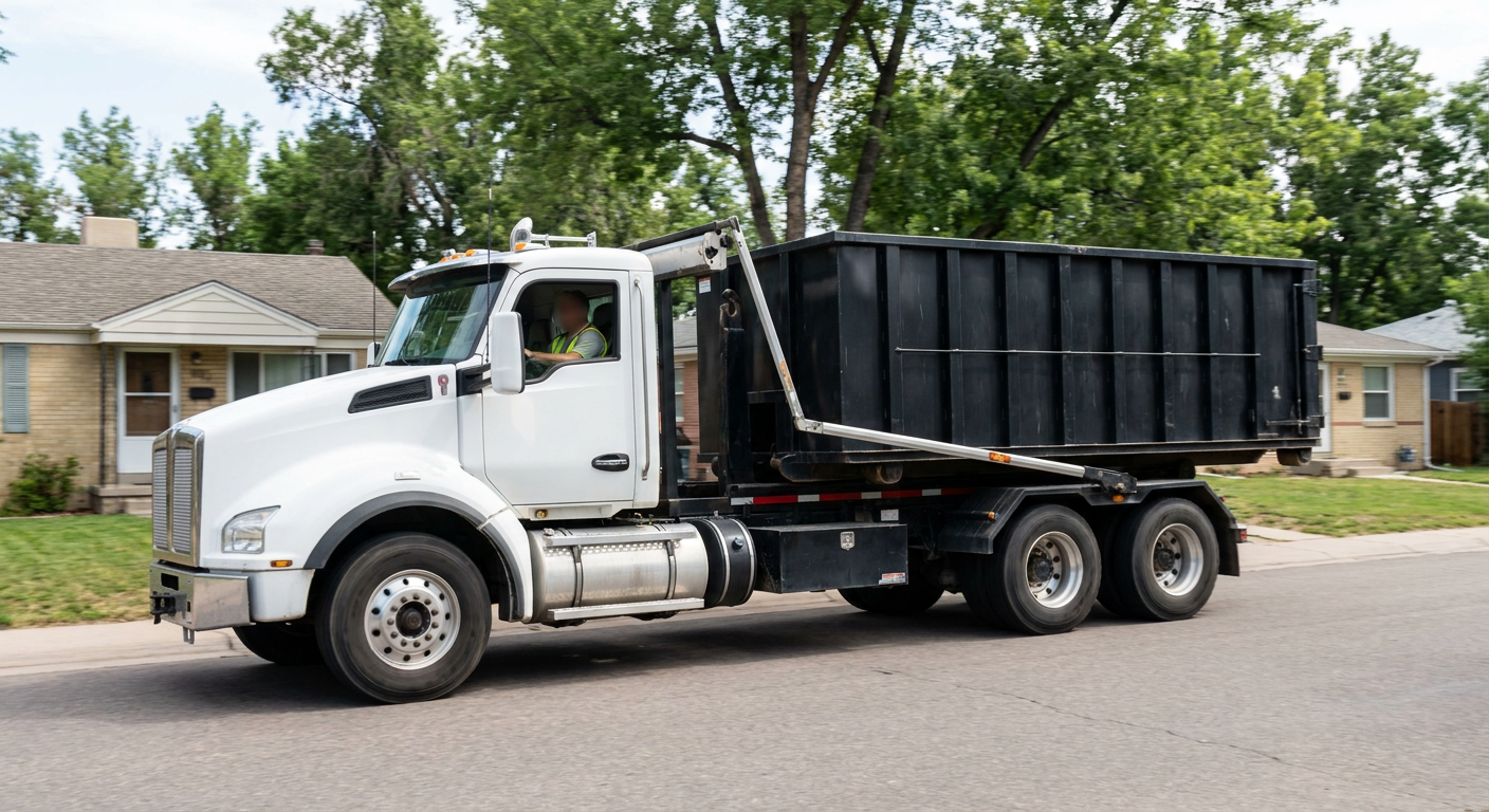 A wide documentary shot of a matte-black roll-off delivery truck pulling onto a quiet Corona Delmar residential street at mid-morning, with neighborhood rooftops and tree-lined blocks visible behind, showing the metro coverage footprint.