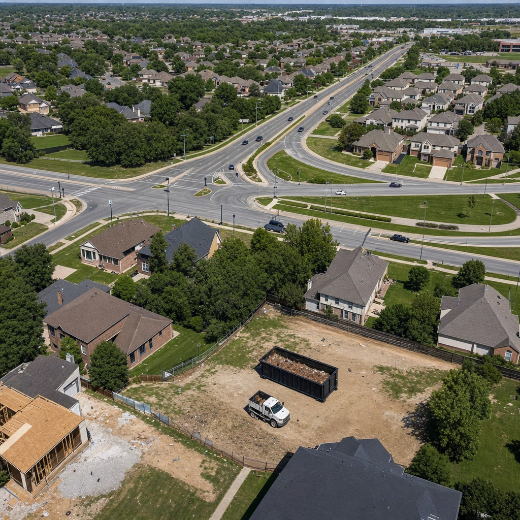 An overhead documentary view of the Corona Delmar metro area at midday, showing the spread of neighborhoods, arterial roads, and the dispatch radius from a central yard — clean daylight, organized geographic layout.