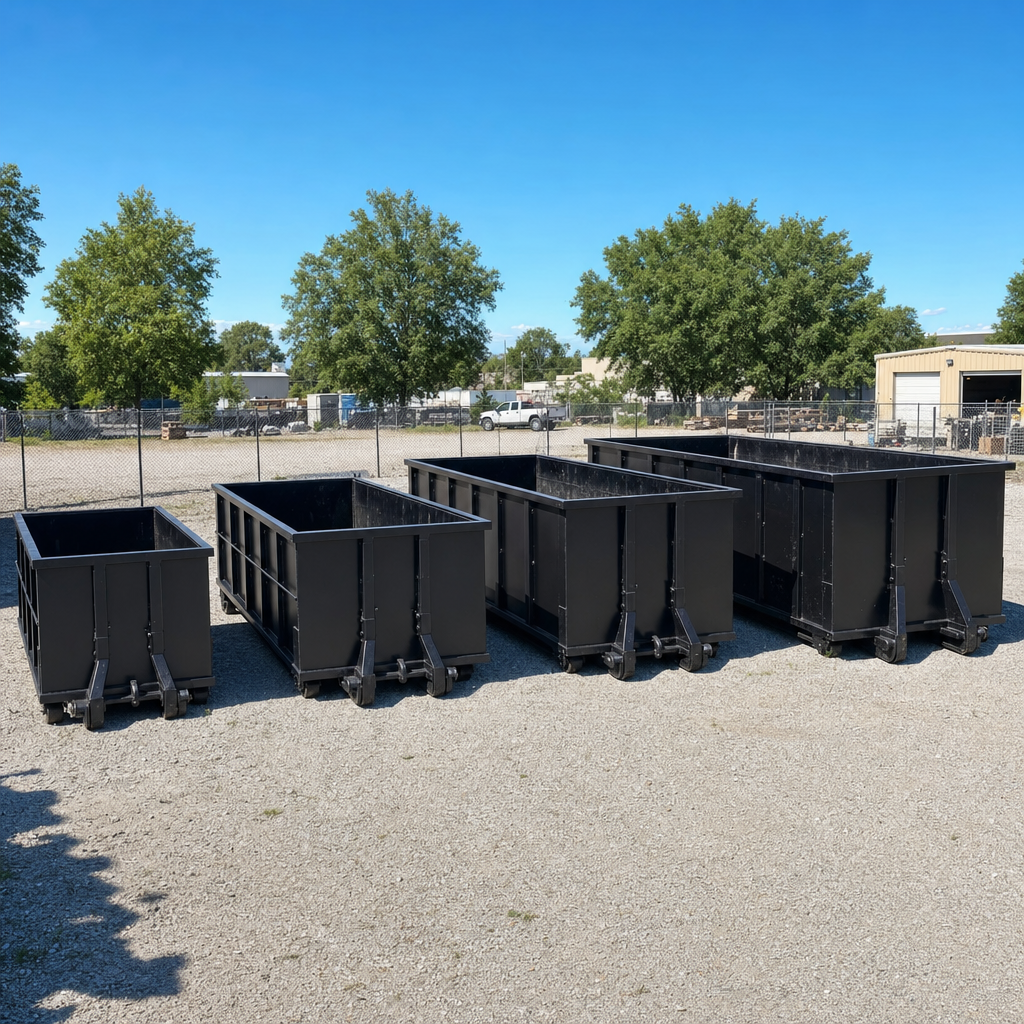A clean lineup of matte-black roll-off dumpsters in 10, 20, 30, and 40-yard sizes staged on a sunlit gravel yard in Corona Delmar, showing the size progression from compact to commercial-scale containers.