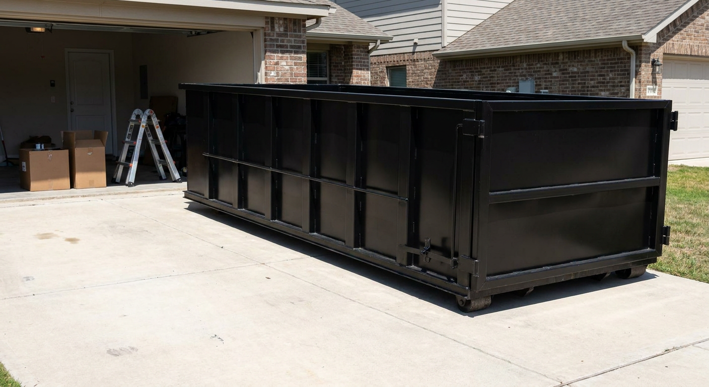 A matte-black 10-yard roll-off dumpster sitting directly on a residential Corona Delmar concrete driveway, mid-day sunlight, clean and ready for a garage cleanout.