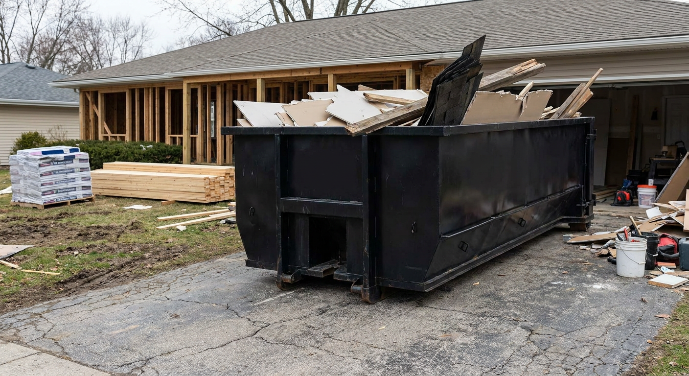 A matte-black 20-yard roll-off dumpster placed alongside a mid-renovation Corona Delmar home directly on the asphalt driveway, with framing materials and torn-off shingles staged neatly nearby.