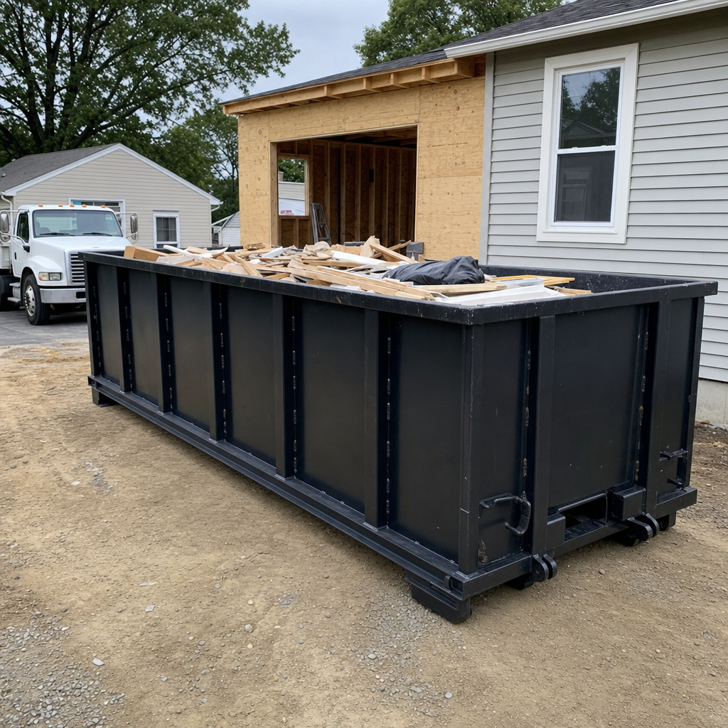 A matte-black 30-yard roll-off dumpster positioned at a Corona Delmar residential addition jobsite, with framing lumber and drywall scraps loaded through the open swinging rear doors.