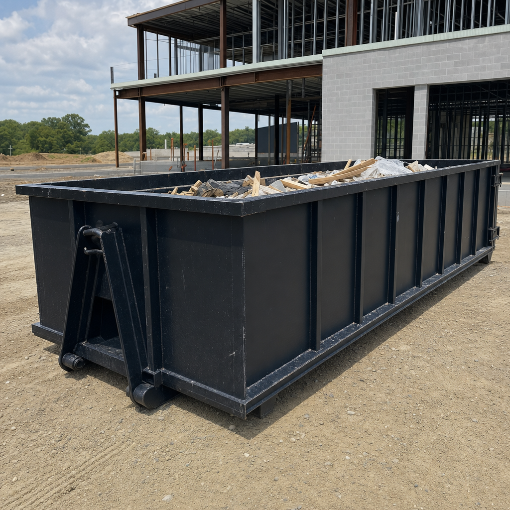 A matte-black 40-yard roll-off dumpster staged on a large Corona Delmar commercial construction lot, with a hooklift delivery truck parked alongside under bright midday sky.