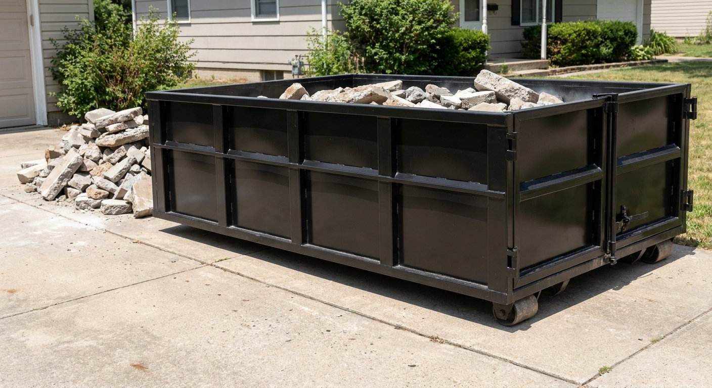 A matte-black low-side heavy-debris roll-off dumpster placed directly on a Corona Delmar concrete driveway, with broken concrete chunks neatly stacked beside it under clean daylight.